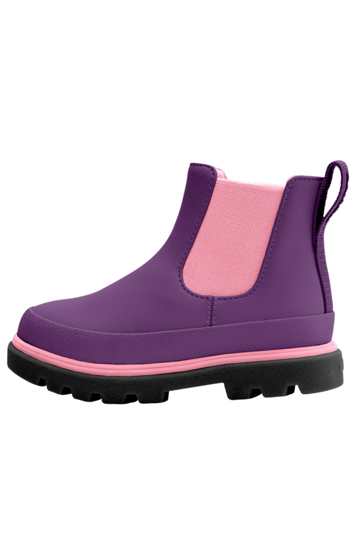 Purple boot with pink inner lining on a white background