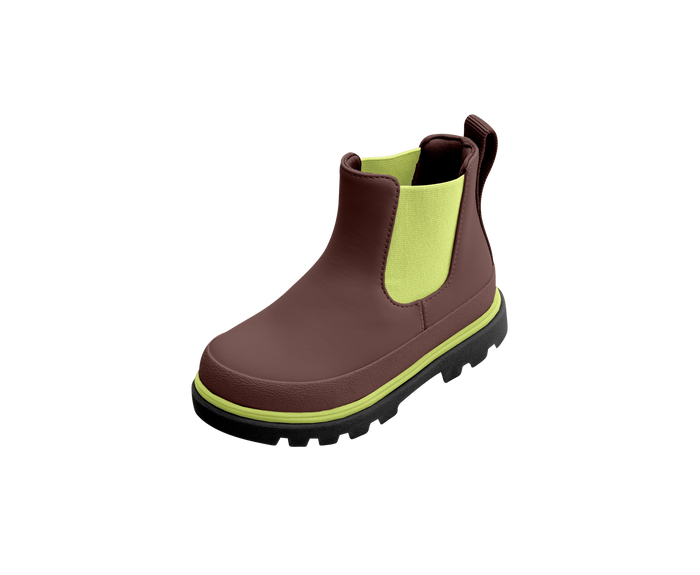 Brown rubber boot with green trim on a white background
