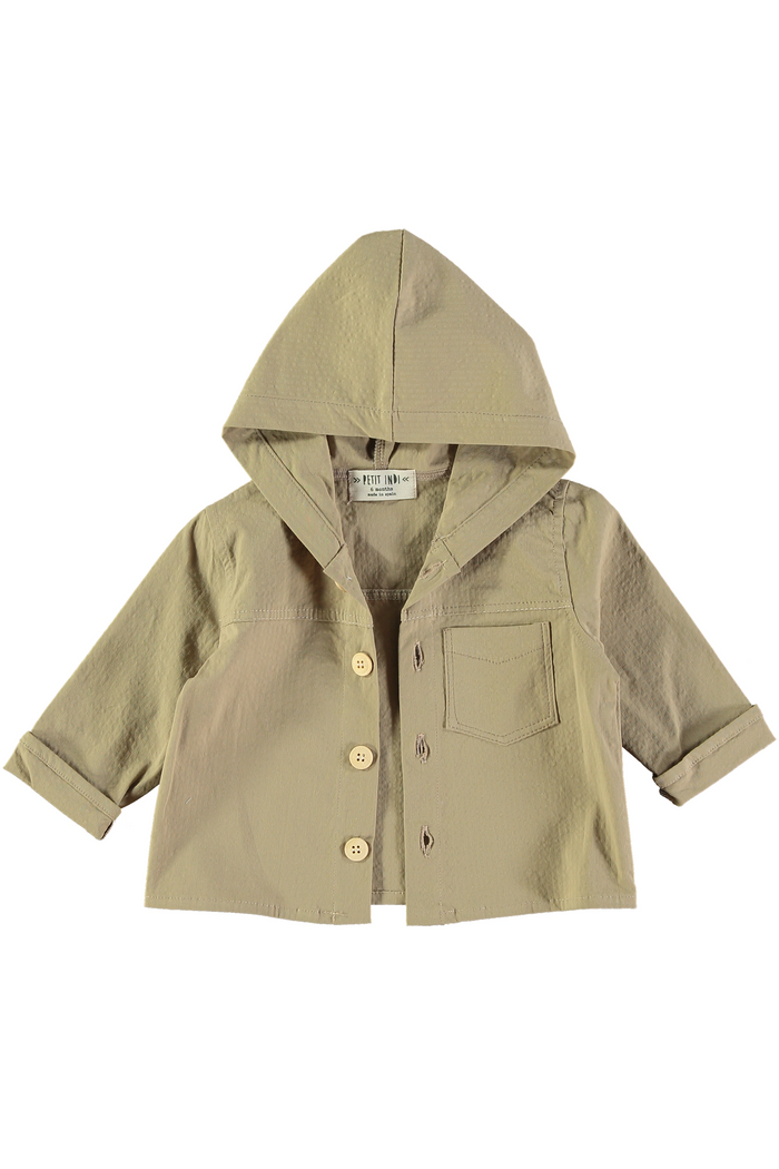 Beige hooded jacket with button details on a white background