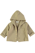 Beige hooded jacket with button details on a white background