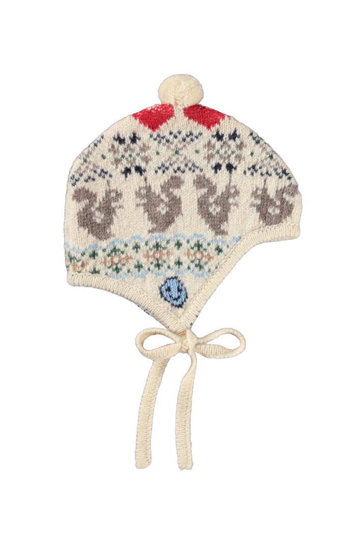 Knitted baby hat with a pattern on a white background