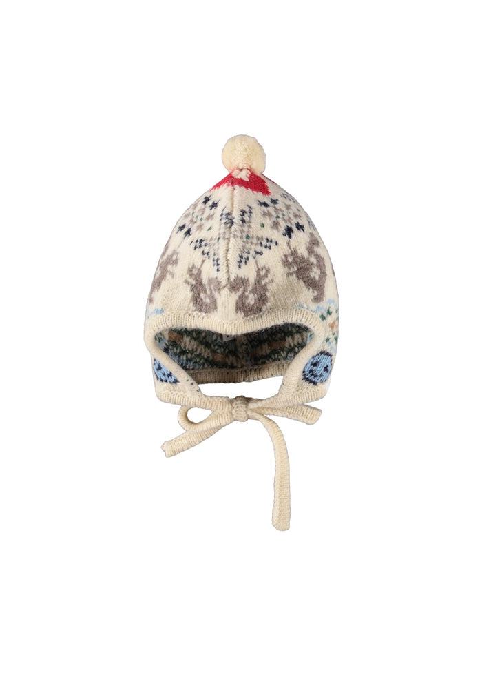 Knitted baby hat with fair isle pattern on a white background
