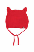 Red baby hat with cat ears on a white background