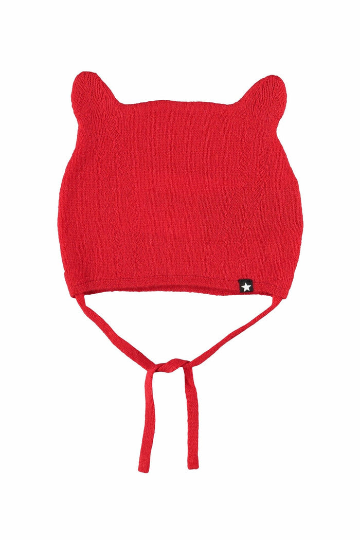 Red baby hat with cat ears on a white background