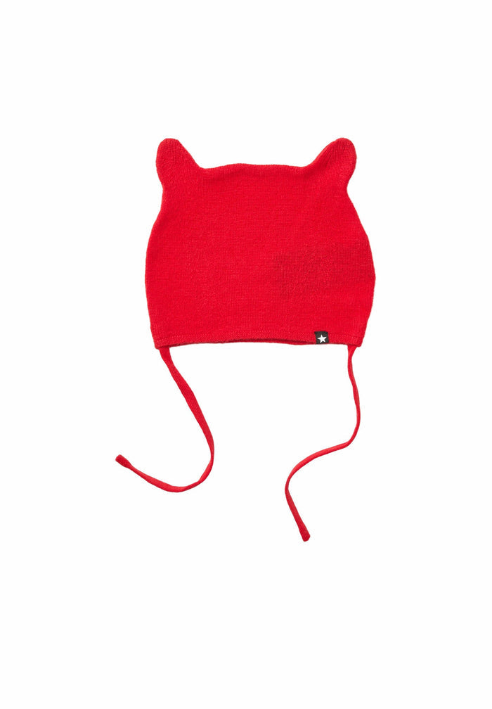 Red knit hat with cat ears on a white background