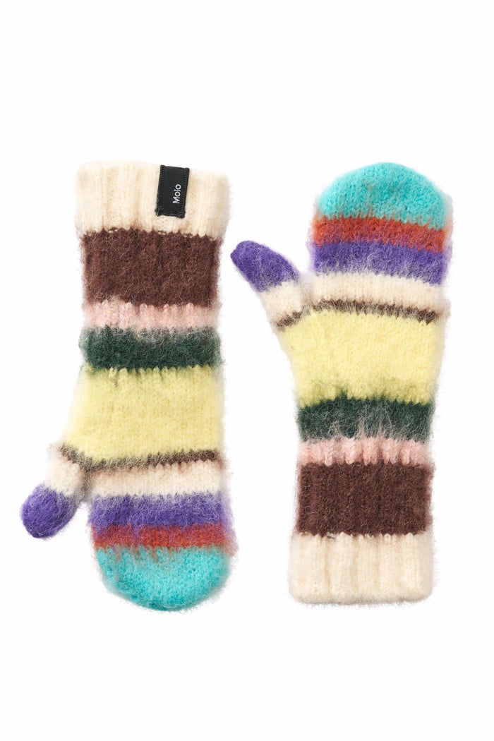 Pair of colorful striped mittens on a white background