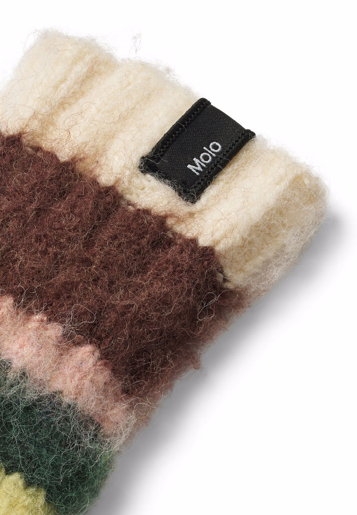 Multicolored knit sleeve with a brand label on a white background