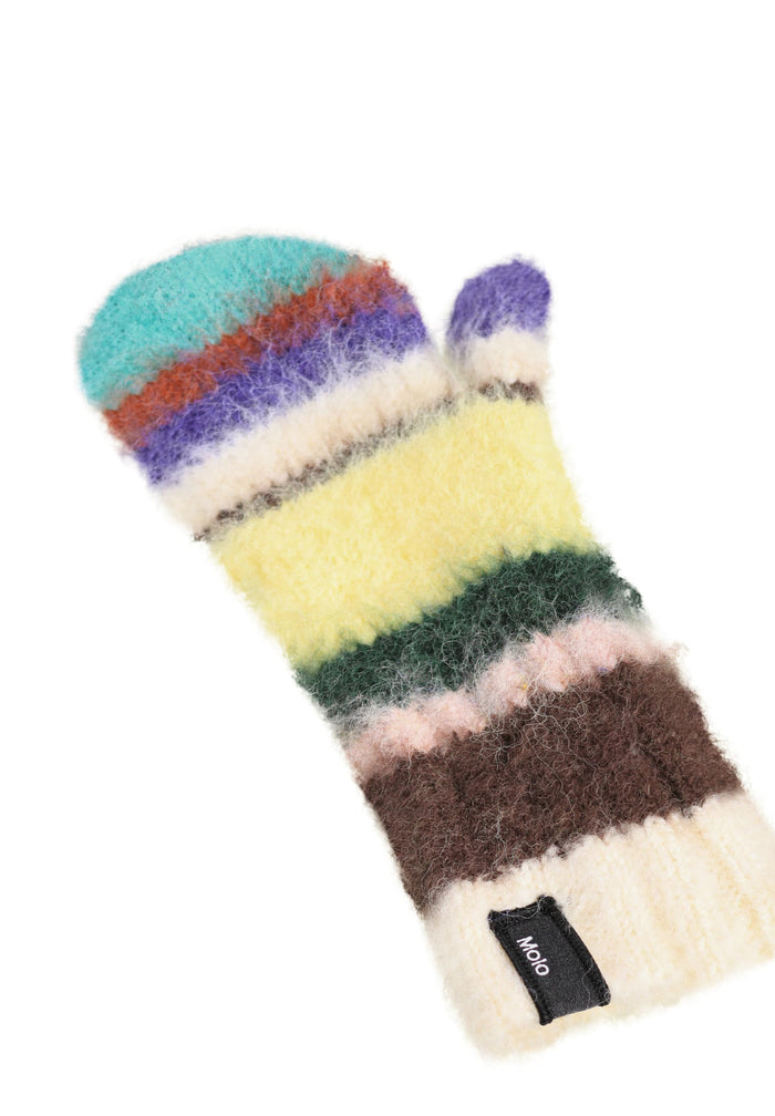 Multicolored striped mitten with a brand label on a white background