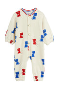 White baby onesie with colorful cat patterns on a white background