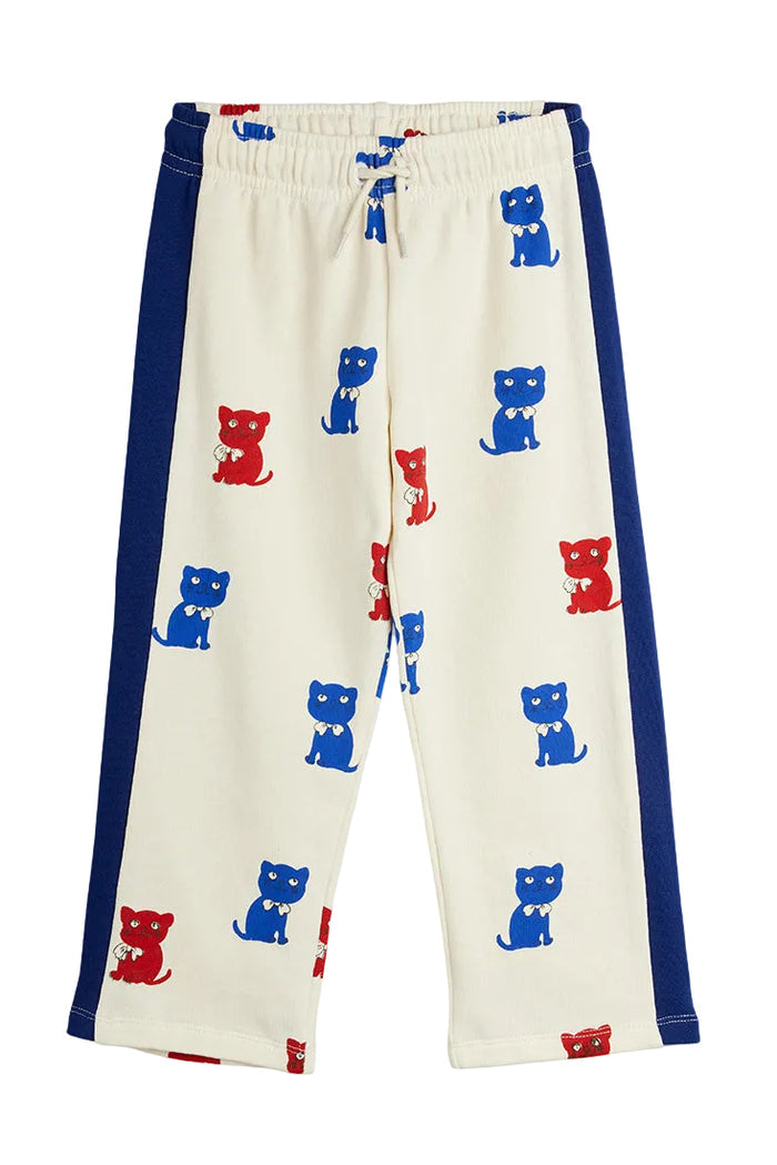 White pants with blue and red cat prints on a white background