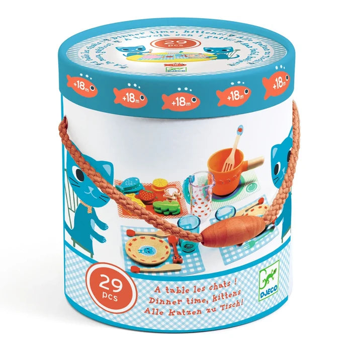 cyclindrical box for storing pretend play dinner time set