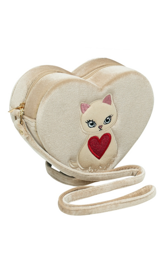 A heart-shaped cream-colored crossbody bag with a plush velvet-like finish, featuring a cartoon cat with a red heart on the front and a matching strap.