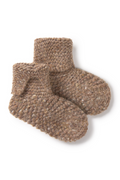 Pair of brown knitted baby socks on a white background