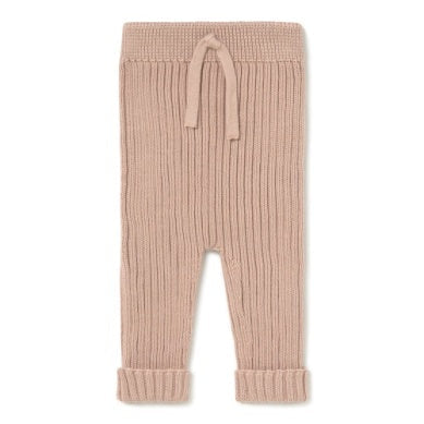 Beige ribbed knit pants with a drawstring on a white background