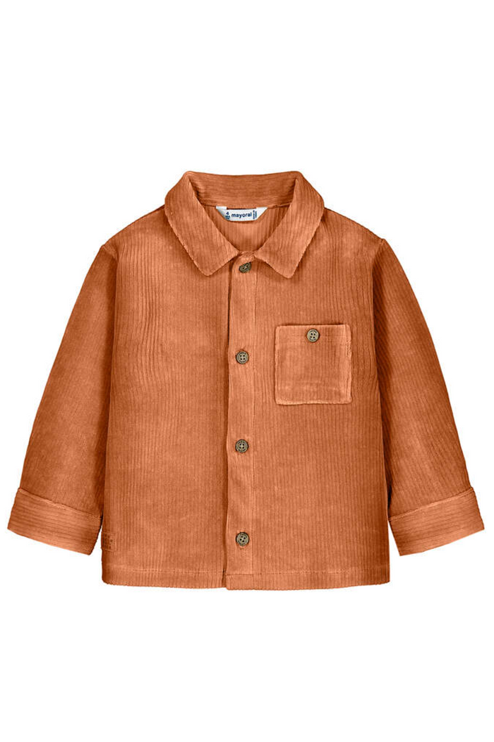 Brown corduroy shirt with a pocket on a white background