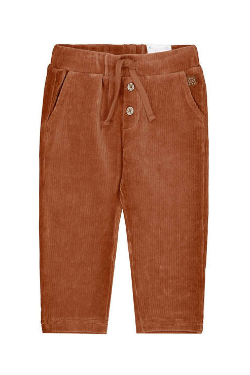 Brown corduroy pants with a drawstring on a white background