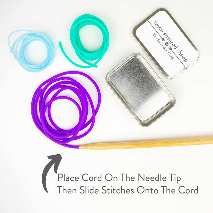Knit Extension Cord placed on needle tip with instructional text showing how to place cord then slide stitches onto cord