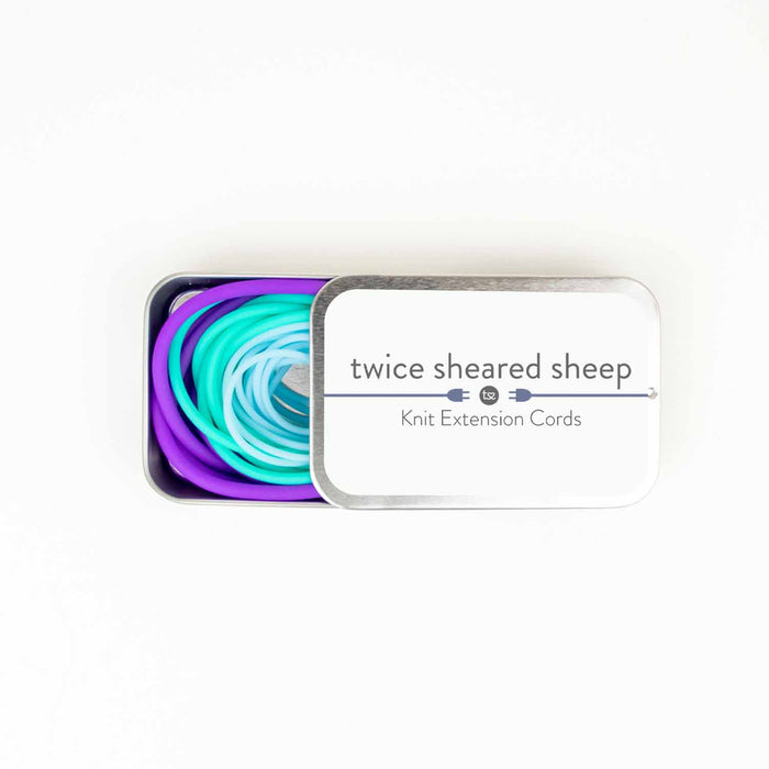 Knit Extension Cords branded packaging card showing the Twice Sheared Sheep logo, product name, and stitch holder cord product