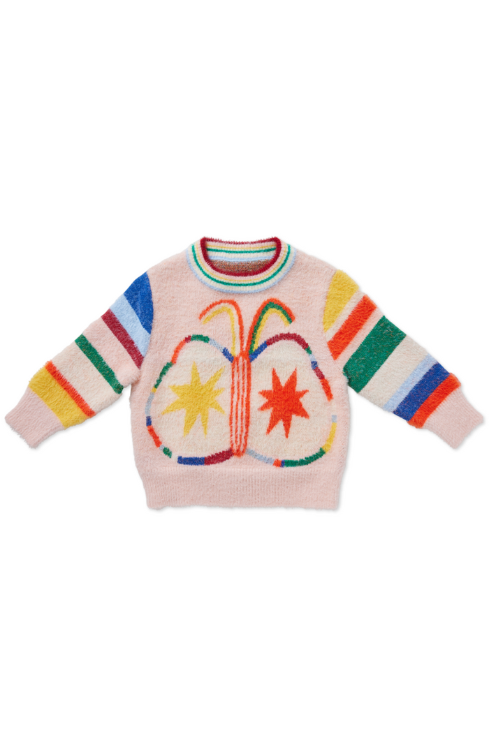 Knit Sweater with Butterfly and colorful stripes.