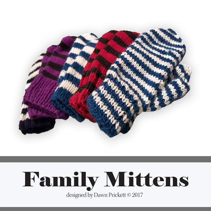 Family Mittens pattern cover showing four pairs of striped knit mittens stacked together in purple-black, blue-white, red-brown, and navy-white colorways. Title reads Family Mittens designed by Dawn Prickett © 2017