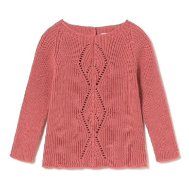 Pink sweater with intricate pattern on a white background