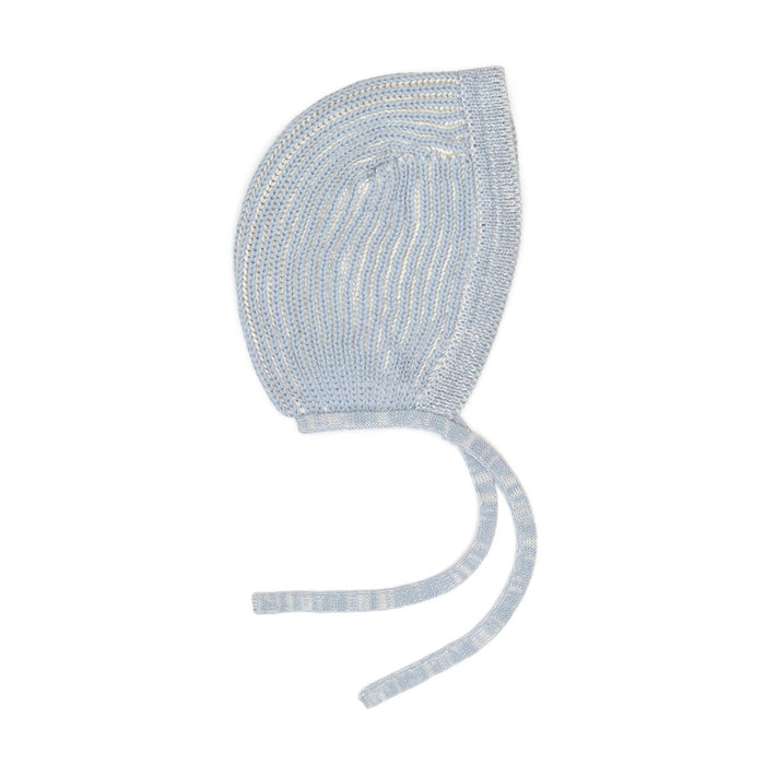 Light blue knit baby bonnet on a white background