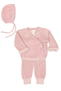 Pink baby outfit with hat on a white background