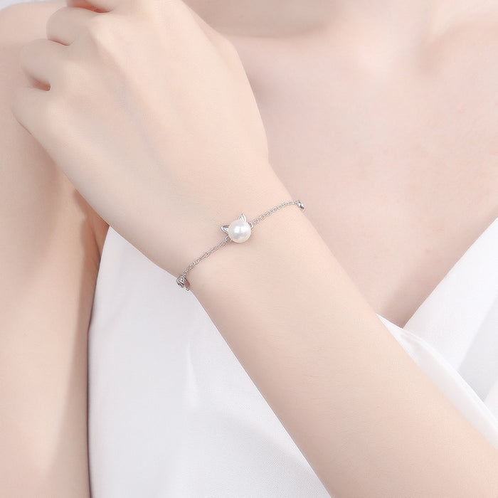 Korean Style Cat Pearl Charm Bracelet | Women's Electroplated Copper Dainty Chain