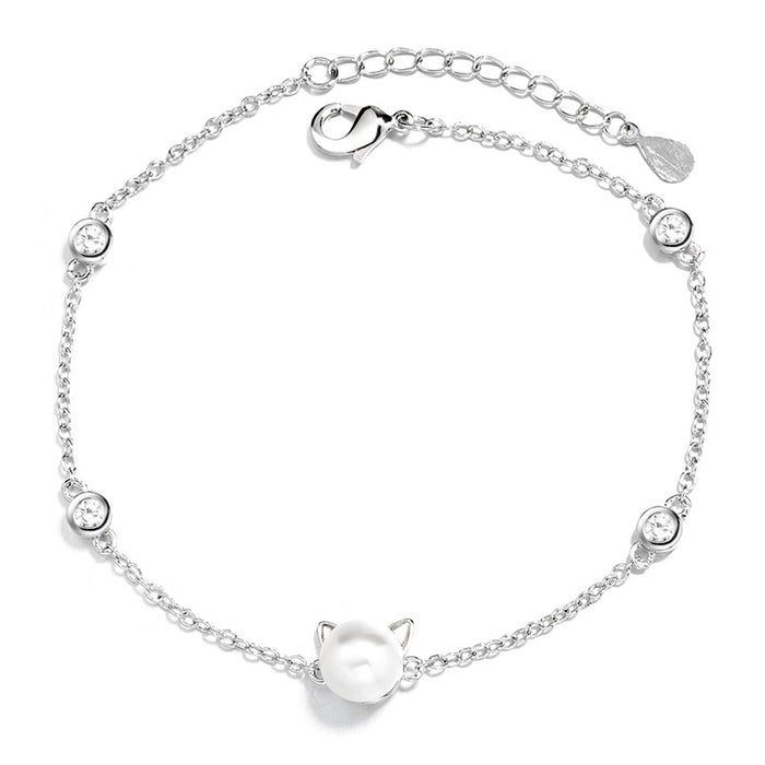 Korean Style Cat Pearl Charm Bracelet | Women's Electroplated Copper Dainty Chain