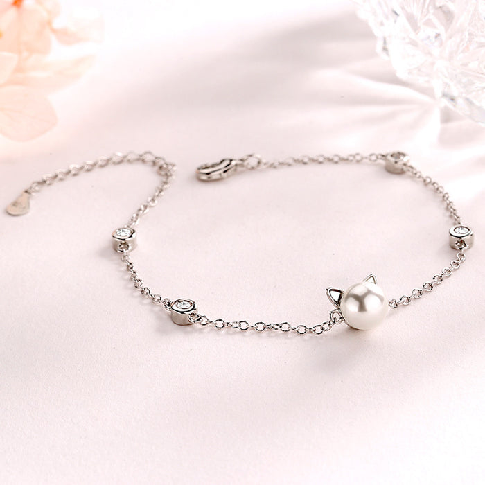 Korean Style Cat Pearl Charm Bracelet | Women's Electroplated Copper Dainty Chain