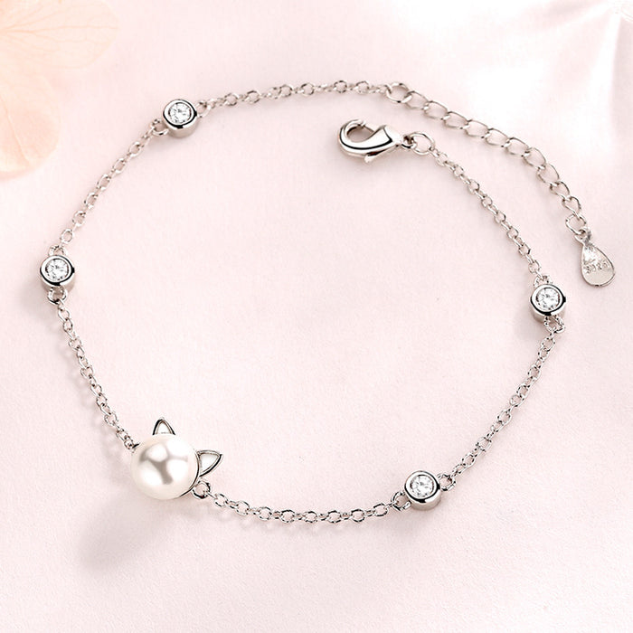 Korean Style Cat Pearl Charm Bracelet | Women's Electroplated Copper Dainty Chain