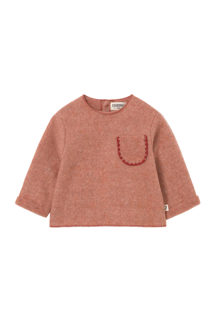 Brown children's sweater with a pocket on a light gray background