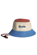 Bucket hat with red top and blue brim on a white background