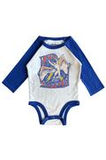 Baby onesie with blue sleeves and colorful graphic on a white background
