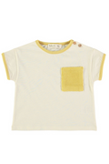 Ringer t-shirt with a yellow pocket on a white background