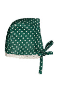 A green bonnet-style hat with white polka dots, a white lace trim along the brim, and a side tie, shown on a plain white background.