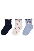 Three pairs of socks with decorative elements on a white background
