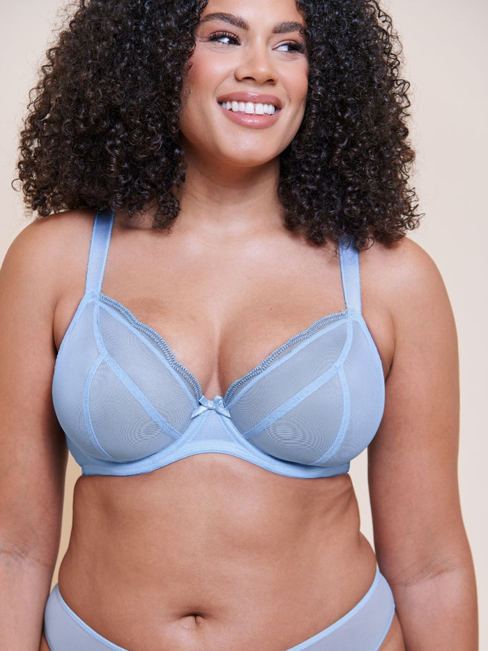 Lightstyle Scallop Sheer Plunge Bra - Light Blue/Silver