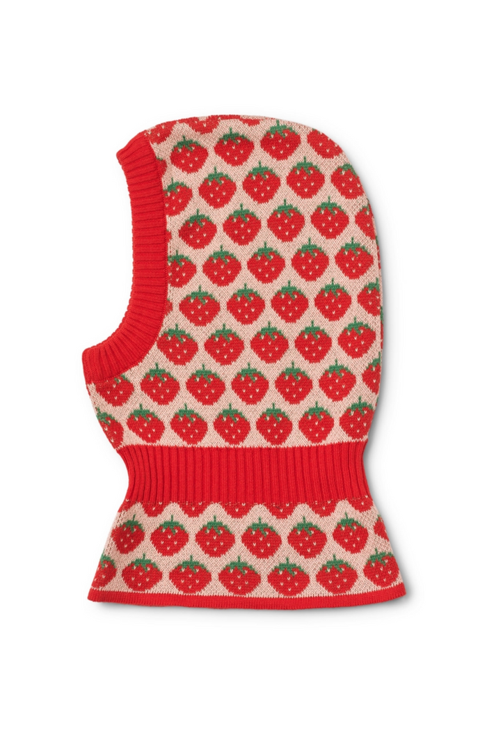 A knit balaclava featuring a red and cream strawberry pattern with solid red ribbed trim, shown on a plain white background.