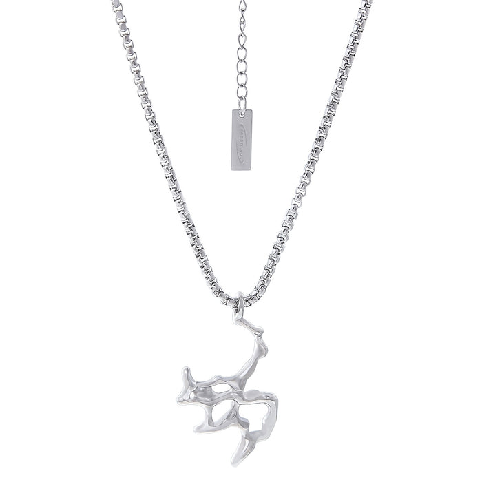A minimalist silver-toned necklace featuring an abstract liquid-metal pendant on a sleek box chain, isolated on a clean white background.