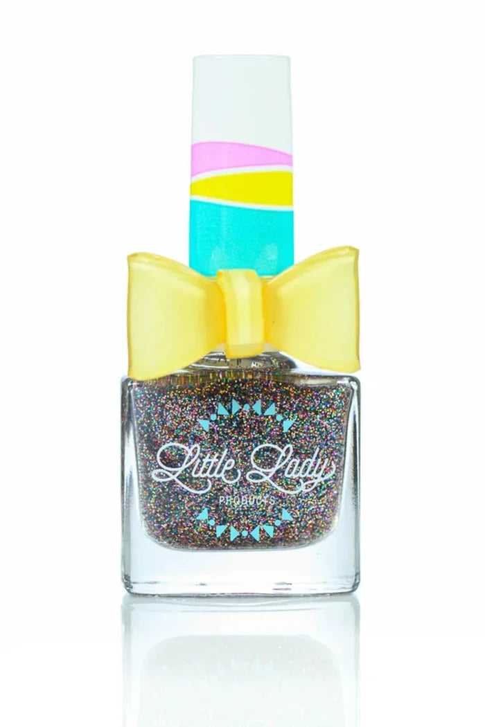Nail polish bottle with colorful cap and 'Little Lady' branding on a white background