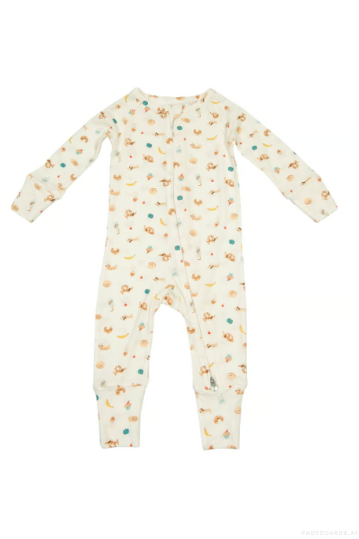 A multicolored baby sleeper with animal patterns including a giraffe, lion, and elephant, designed for infants.