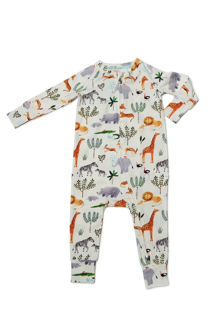 A multicolored baby sleeper with animal patterns including a giraffe, lion, and elephant, designed for infants.