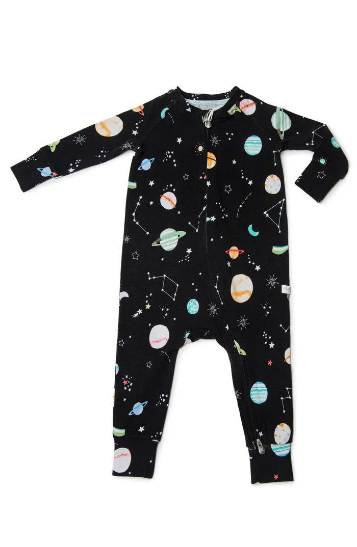 A multicolored baby sleeper with animal patterns including a giraffe, lion, and elephant, designed for infants.