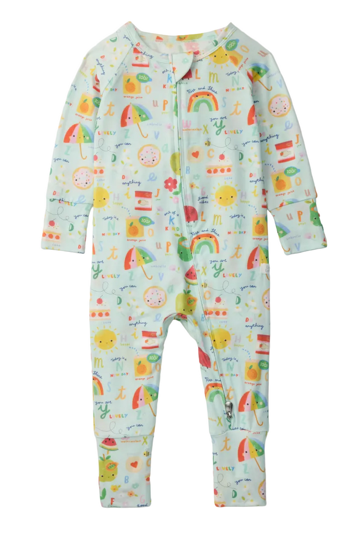 Baby onesie with colorful animal print on a light blue background