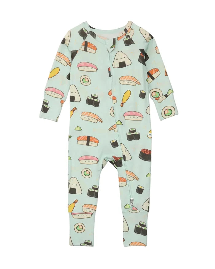 A baby long-sleeve footless one-piece jumpsuit in a light mint green color, featuring an all-over sushi illustration pattern, shown flat on a light gray background.
