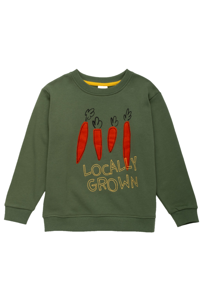 An olive green crewneck sweatshirt featuring a graphic of four red carrots with green tops and the text 'LOCALLY GROWN' in gold outline, displayed on a clean white background.
