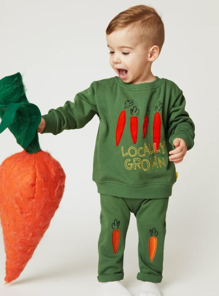 A toddler wearing a green long-sleeve sweatshirt and matching pants with carrot graphics and the words 'LOCALLY GROWN' stands against a light gray studio background, holding a large plush carrot prop.