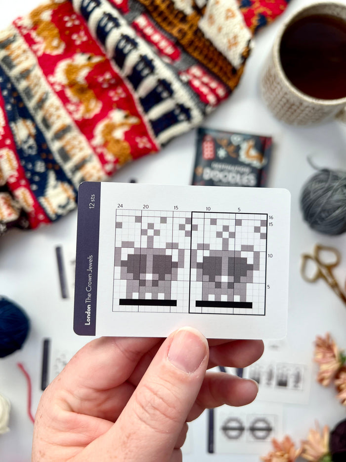 Hand holding a London Doodle tea cups colorwork chart card