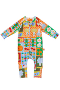 Colorful children's onesie with cartoon vegetable characters on a white background
